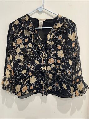 Edward 100% Silk Black Cream Floral Sheer Lined Blouse 3/4 Sleeve Medium